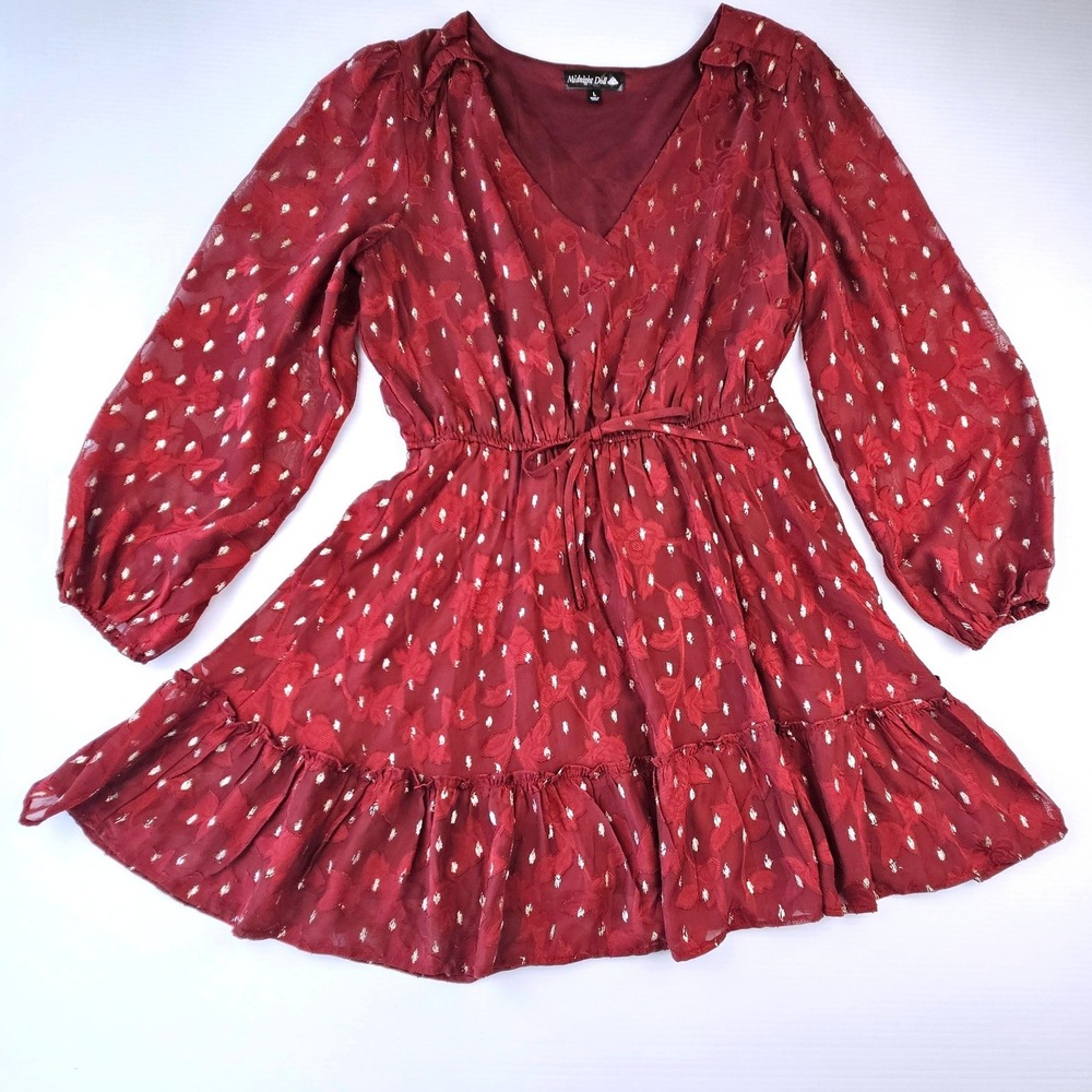 Midnight Doll Burgundy Red Gold Foil Dot Floral Mini Dress WOS17844 Large